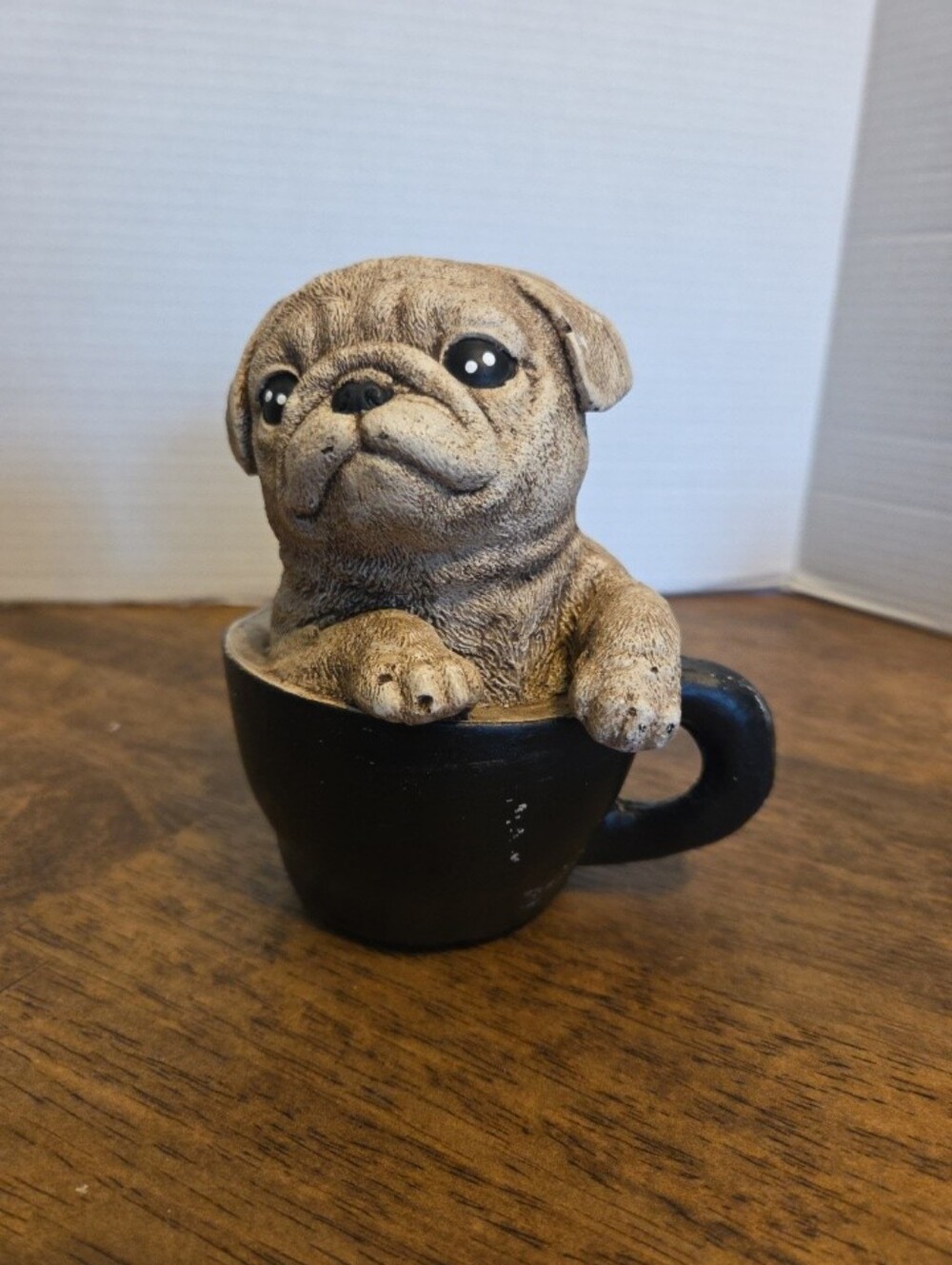 Vintage Ceramic Studio Handmade Cute Pug Puppy Figurine in Black Cup